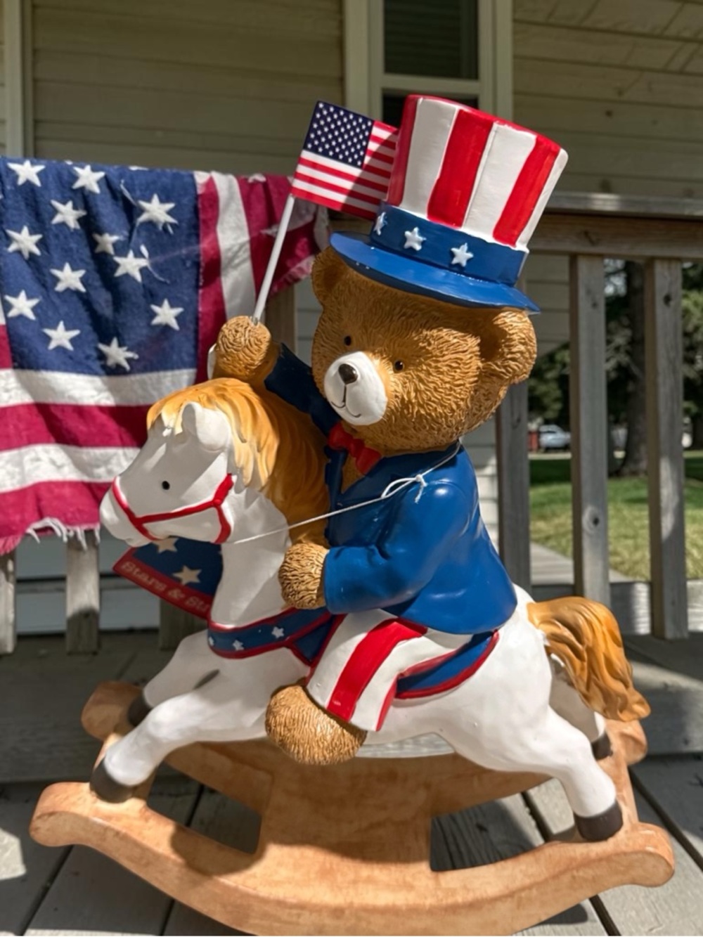Patriotic Bear on Rocking Horse Holiday Decor - Red, White & Blue